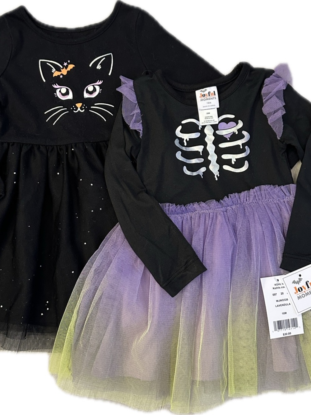 Toddler Girl’s Black & Purple Halloween Dress Set with Cat and Skeleton Designs